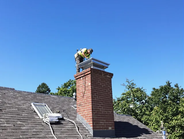 Scituate Chimney Sweep technician measuring a chimney cap in Scituate, RI